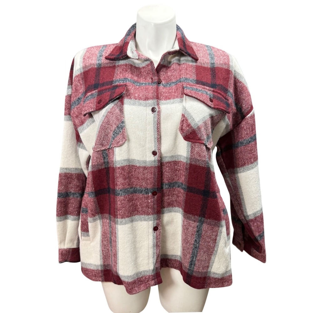 Hesed Burgundy Plaid Button Down Shacket Jacket Womens 1XL/2XL NWOTT